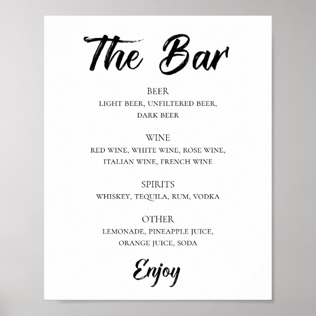Black and white modern wedding alcohol drinks bar poster (Front)
