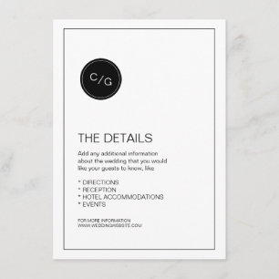 Black and white modern wedding details card