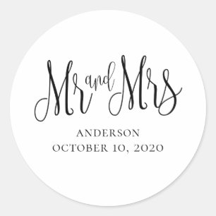 Black and white modern wedding. Mr and mrs simple Classic Round Sticker