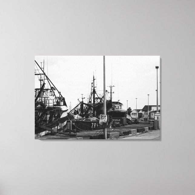 Black And White Monochrome Harbour Boats Canvas Print (Front)