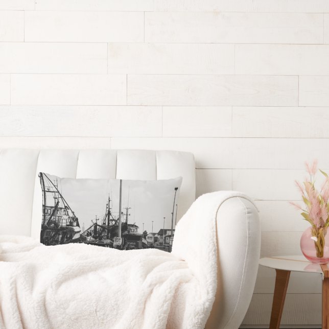 Black And White Monochrome Harbour Boats Lumbar Cushion (Couch)