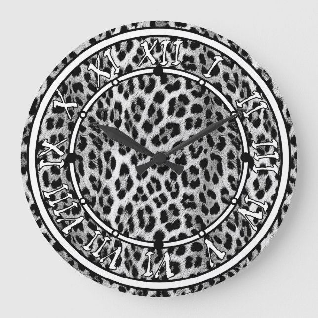 Black and white monochrome, leopard pattern large clock (Front)