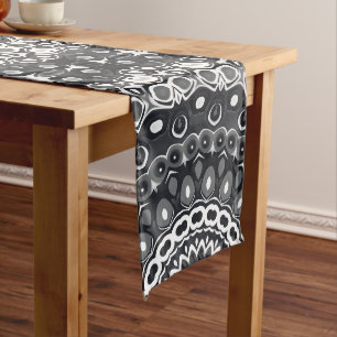 Black and White Monochrome Mandala Pattern Long Table Runner