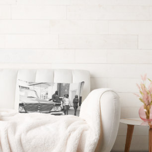 Black And White Monochrome Old Car People City Lumbar Cushion