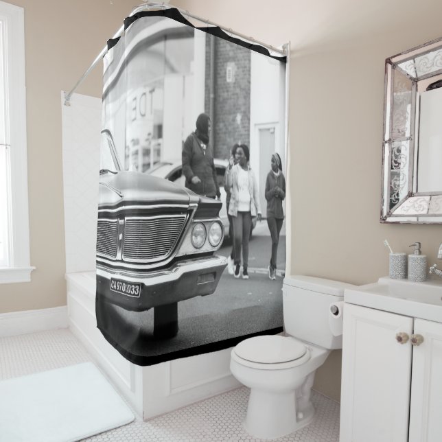 Black And White Monochrome Old Car People City Shower Curtain (In Situ)
