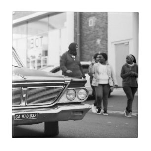 Black And White Monochrome Old Car People City Tile