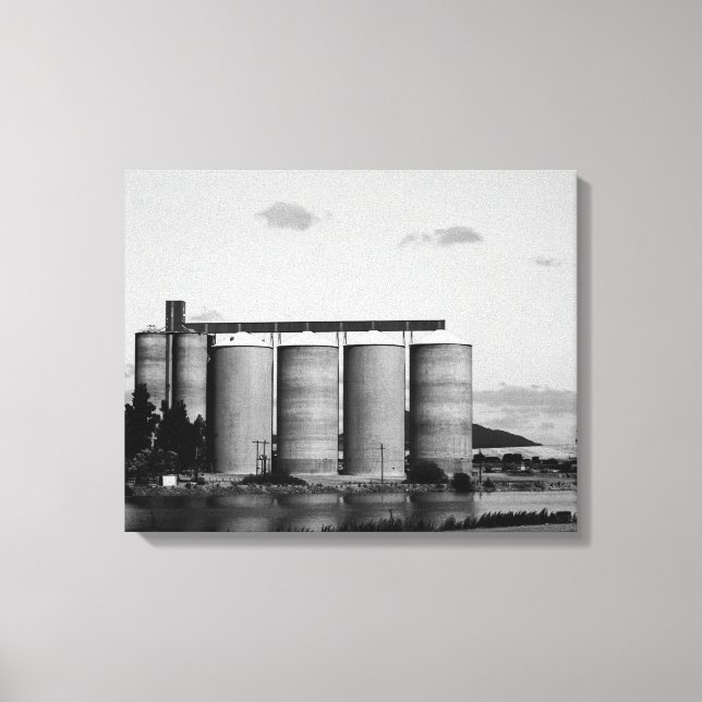 Black And White Monochrome Rural Grain Silos Canvas Print (Front)