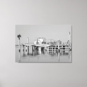 Black And White Monochrome Sea Ocean Pier Birds Canvas Print