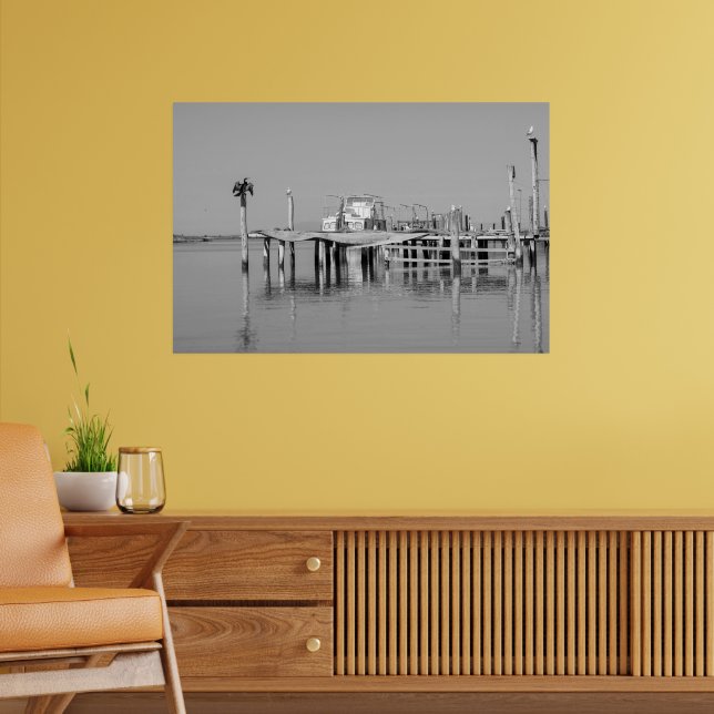 Black And White Monochrome Sea Ocean Pier Birds Poster (Living Room 2)