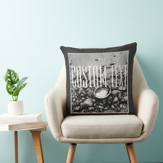 BLACK AND WHITE MONOCHROME SHELL BEACH PHOTO TEXT CUSHION (Chair)