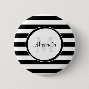 Black and White Monogram Big Hip Stripes With Name 6 Cm Round Badge