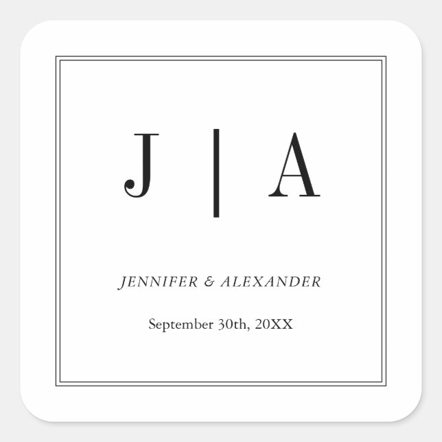 Black And White Monogram Couple Name Modern Simple Square Sticker (Front)