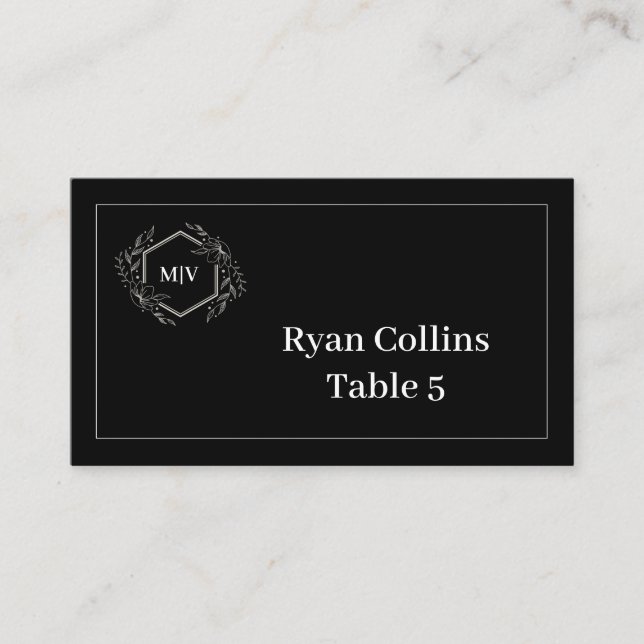 Black and White Monogram Crest Place Cards (Front)
