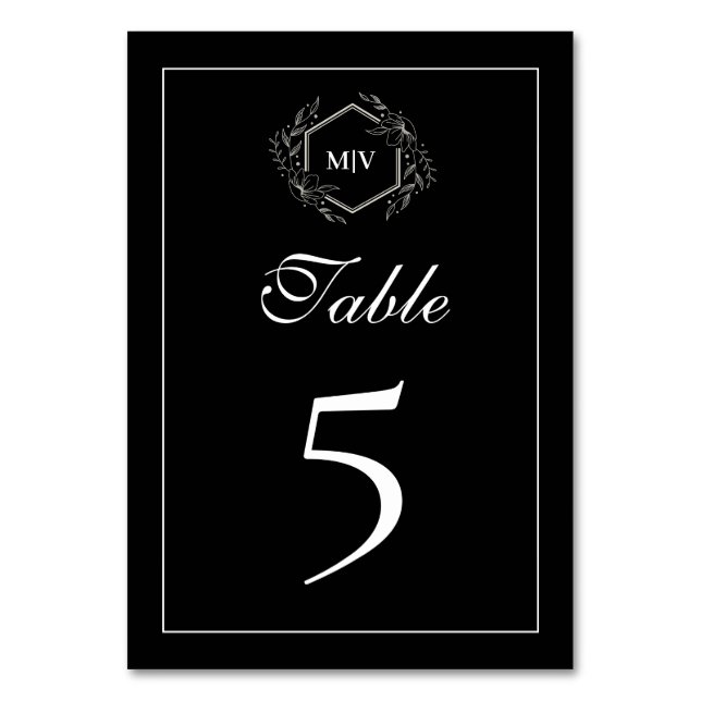 Black and White Monogram Crest Table Number Card (Front)