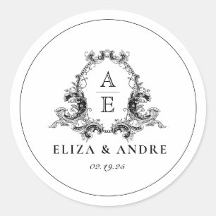 Black and White Monogram Crest Wedding Classic Round Sticker