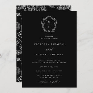 Black and White Monogram Crest Wedding Invitation