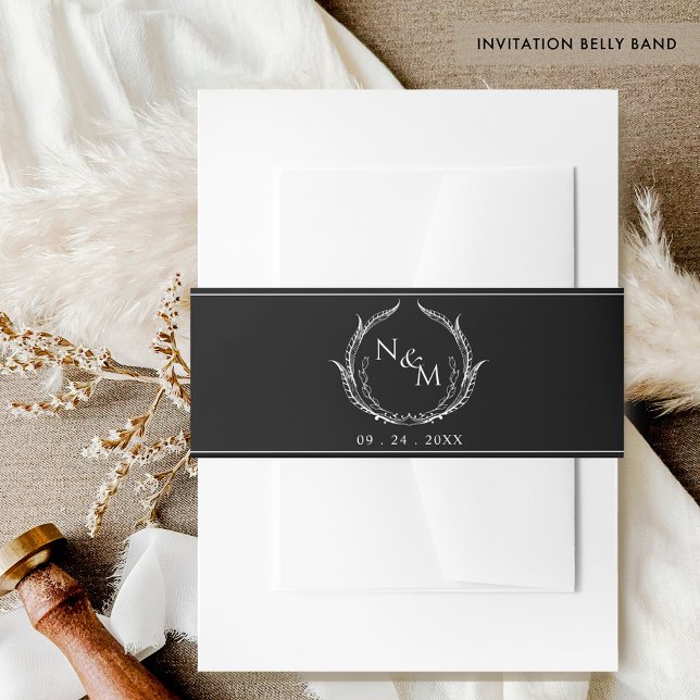 Black and White Monogram Crest Wedding Invitation Invitation Belly Band (Creator Uploaded)