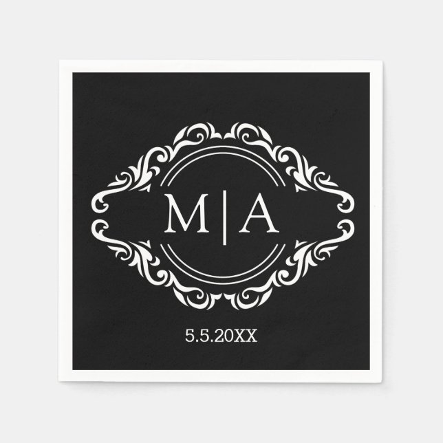 black and white monogram decorative modern wedding napkin (Front)
