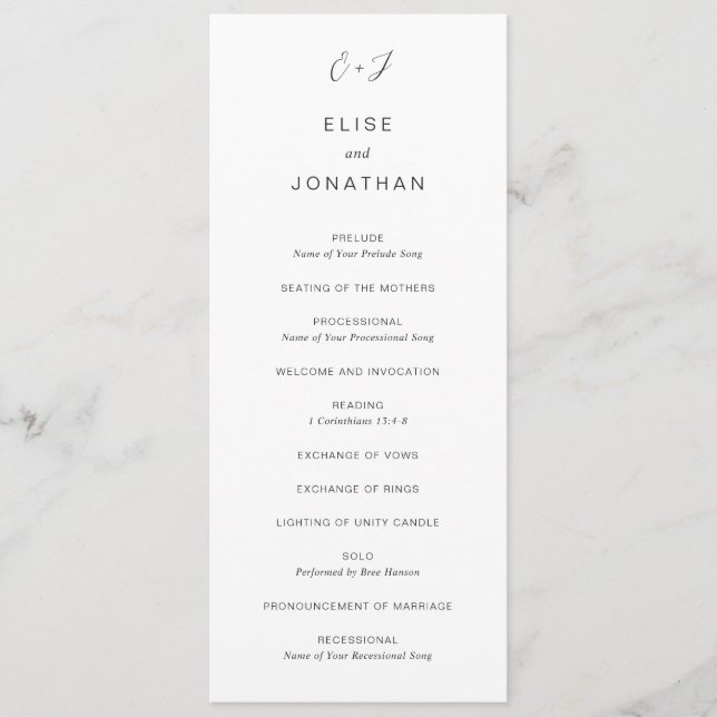Black and White Monogram Elegant Wedding Programme (Front)