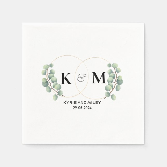 black and white monogram eucalyptus wedding napkin (Front)