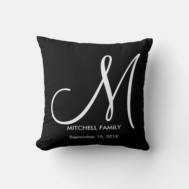 Black and White Monogram Family Wedding Square Cushion (Front)