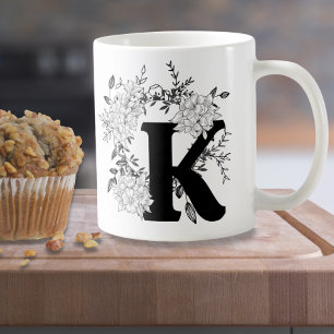 Black and White Monogram Floral Coffee Mug