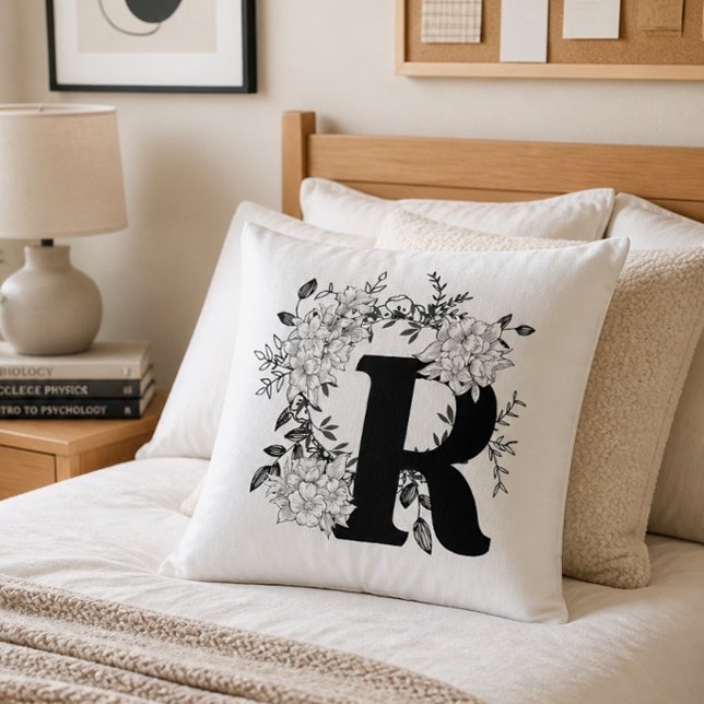 Black and White Monogram Floral Pillow (Creator Uploaded)