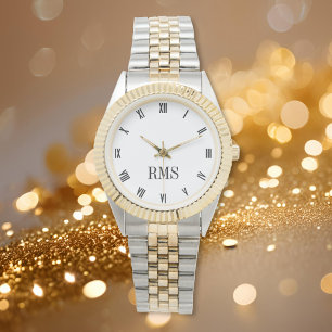 Black and White Monogram Gold Silver Tone Bracelet Watch