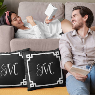 Black and White Monogram Greek Key Border Cushion