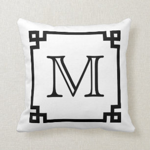 Black And White Monogram Greek Key Cushion
