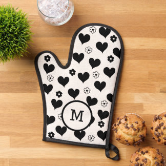 Black and white monogram hearts flowers pattern oven mitt