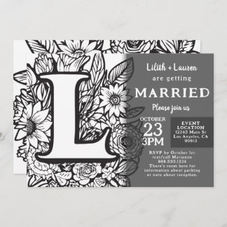 Black and White Monogram L Tattoo Flowers Wedding Invitation
