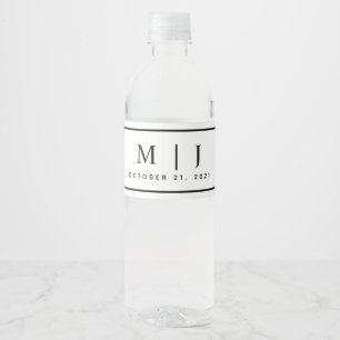 Black and White Monogram Minimalist Wedding Water Bottle Label