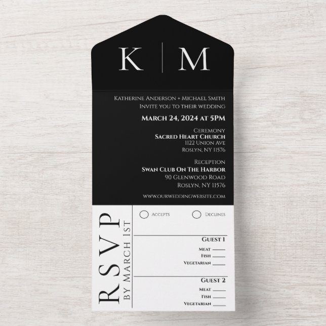 Black and White-Monogram-Modern Wedding- All In One Invitation (Inside)