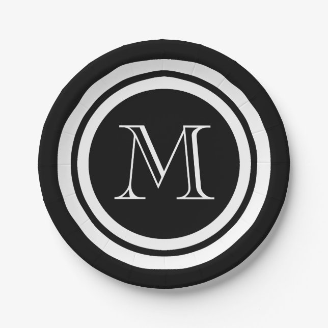 Black and White Monogram Paper Plate (Front)
