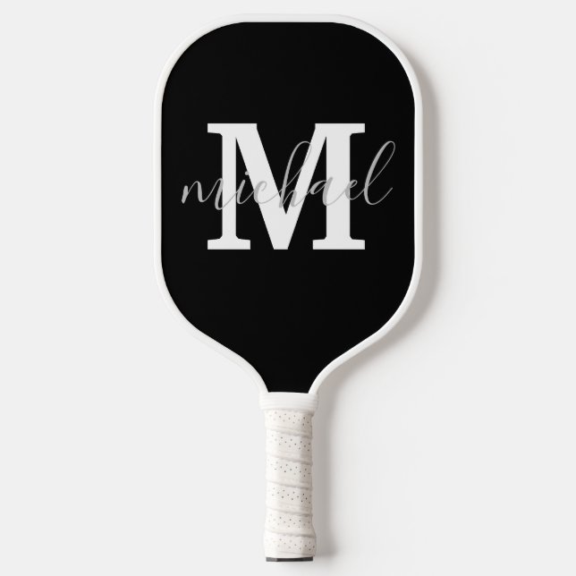 black and white monogram personalised modern pickleball paddle (Front)