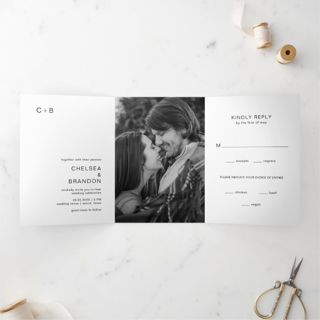 Black and White Monogram Photo Modern Wedding Tri-Fold Invitation (Inside)