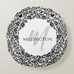 Black and White Monogram Round Cushion