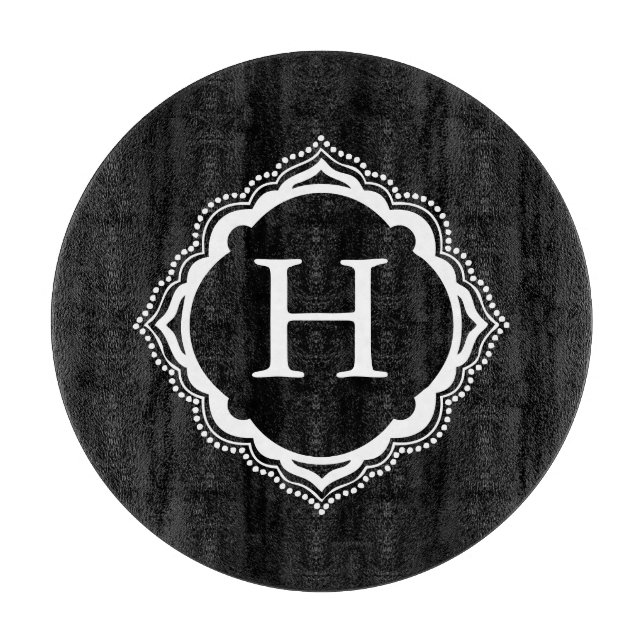 Black and White Monogram Round Glass Cutting Board (Front)