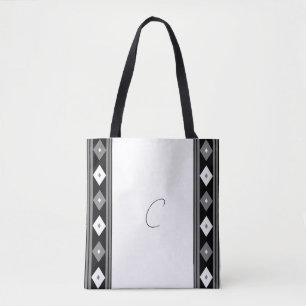 Black and White Monogram Stripes and Diamond Tote Bag