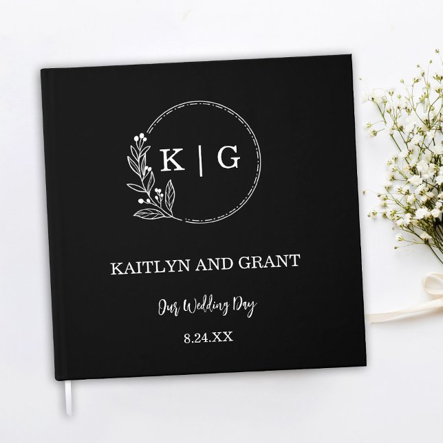 Black and White Monogram Wedding Guestbook (Black and white minimal simple modern wedding guestbook with floral monogram)
