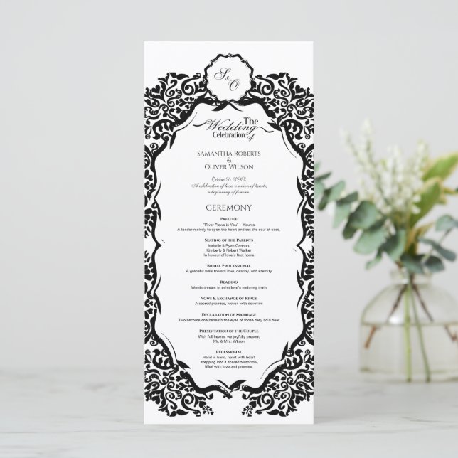 Black and White Monogram Wedding Program Programme (Standing Front)