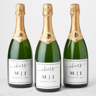 Black and White Monogram Wedding Sparkling Wine Label