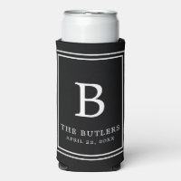 Black and White Monogram Wedding Tall Can Cooler
