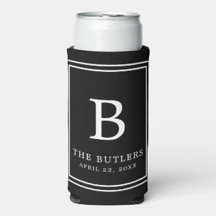 Black and White Monogram Wedding Tall Can Cooler