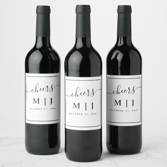 Black and White Monogram Wedding Wine Label (Bottles)