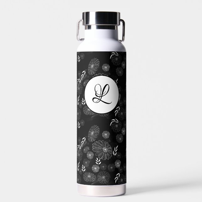 Black and White Monogram Wild Flower Doodles Water Bottle (Front)