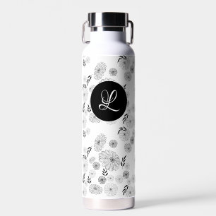 Black and White Monogram Wild Flower Doodles Water Bottle
