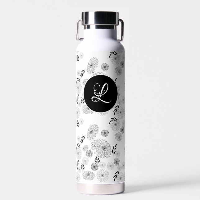 Black and White Monogram Wild Flower Doodles Water Bottle (Front)