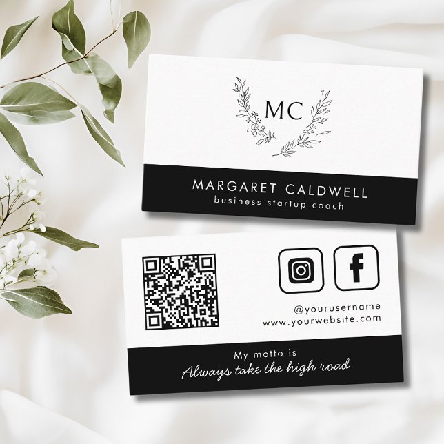 Black and White Monogram Wreath Business Card (Black and White Social Media QR Code Monogram Wreath Business Card)
